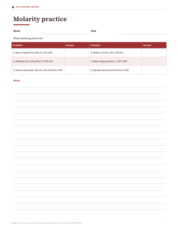 Preview of Printable Molarity Practice Problems